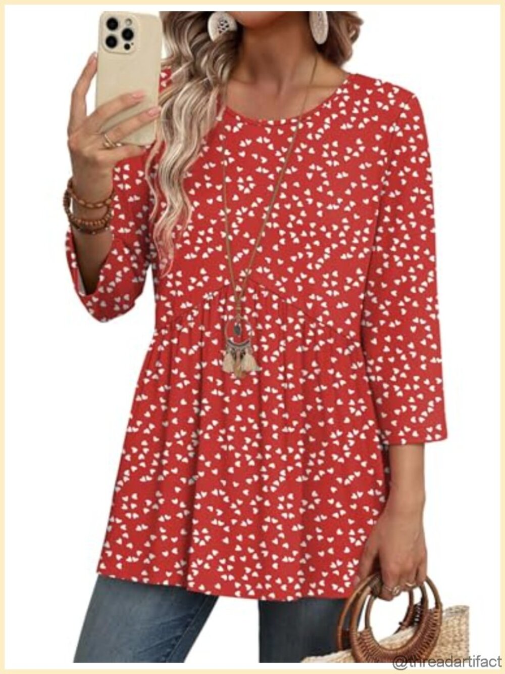 3/4 Sleeve Babydoll Tunic Top Womens Flowy Loose Fit Blouse Dressy Casual